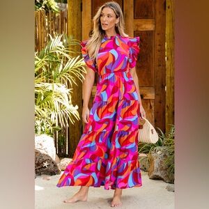 Orange Abstract Printed High Waist Ruffle Tiered Long Dress